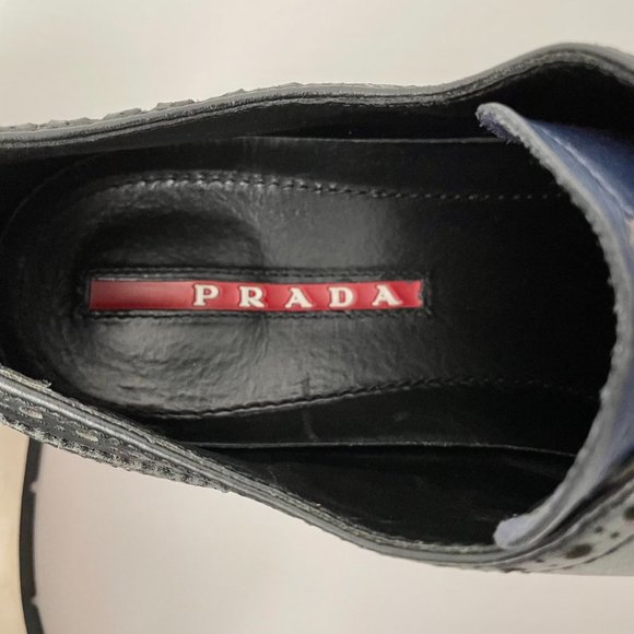 Prada Vit Montana Calf Leather Platform Wing Tip Brogues, Black/Navy, Size 11 - Picture 12 of 16